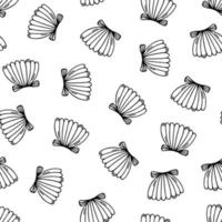 Scallop shell seamless vector pattern. Hand drawn simple doodle on white background. Closed sea mollusk. Seafood, tasty delicacy. Outline, seashell sketch. Backdrop for wallpaper, textiles, packaging