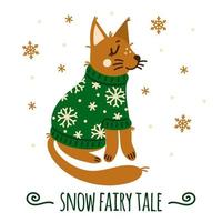 Cute Christmas fox in a warm sweater. Little forest animal in a green jacket decorated with snowflakes. Snow fairy tale, red cub. Beast isolated on white. Simple cartoon clipart for cards, posters vector