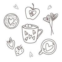 Valentines day doodle food illustration set. Vector drawings of hot chocolate with marshmallows, donut with heart, cappuccino, lollypops, apple, strawberry. February 14 egreeting cards design elements