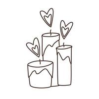 Ilustración de vector de contorno de fideos de velas encendidas con corazones. ilustración del día de san valentín. 14 de febrero. elemento de diseño.