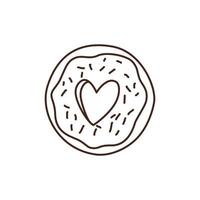Doodle vector drawing of donut with heart. Valentines day monochrome, linear illustration. Single element for Febrary 14 designs.