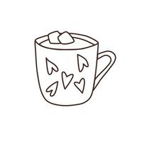 Doodle vector drawing of hot  chocolate with marshmallows in mug with hearts. Valentines day illustration. Design element for creating valentines, gift tags, greeting cards on Febrary 14.