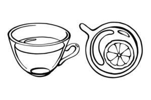Glass tea cups outline monochrome drawing. Tea with lemon. vector