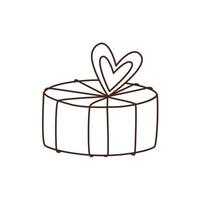 Outline doodle vector drawing of round gift box with heart. Valentines day monochrome illustration. 14 February design element .