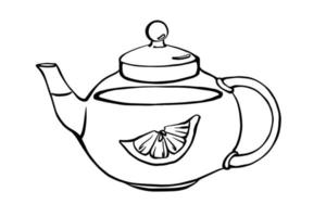 Ink line drawing of transparent tea pot with lemon inside. Outline monochrome illustration. Vector design element in doodle style