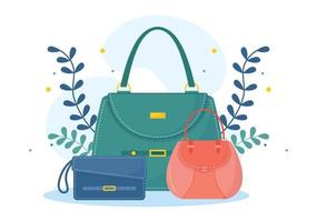 tienda de bolsos con colección de varios bolsos de calidad y diferentes tipos de estilo de vida en ilustración de plantilla de caricatura dibujada a mano plana vector