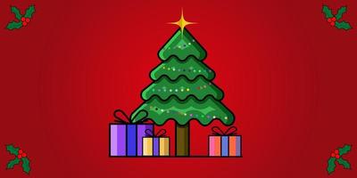 christmas tree with gifts on red background vector