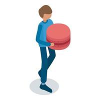 Man take big macaroon icon, isometric style vector