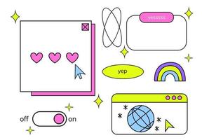 Conjunto de estilo de PC antiguo de Windows 90. estética retro de la computadora. iconos electrónicos web. Ilustraciones vectoriales de vibraciones de 1990. juego retro estilo años 90 vector