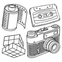 Set vector outline illustration of 90's vibes for coloring book