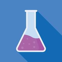 Pink chemistry flask icon, flat style vector