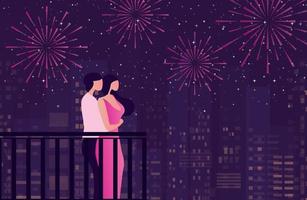 feliz año nuevo 2023 concepto de celebración pareja celebra el festival de año nuevo con explosiones de fuegos artificiales en la ilustración vectorial del cielo. concepto de celebración de la temporada festiva vector