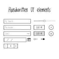 Handwritten ui elements. Input, button, checkbox, range, slider, date, checkbox, radio, toggle. Vector user interface elements.