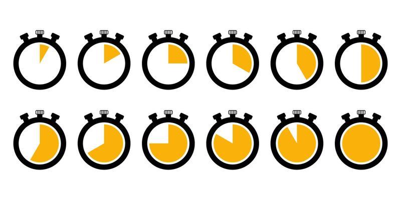 Stopwatch collection with different time in minutes. Stopwatch, timer, sports time, speed, second hand. Vector stock illustration.