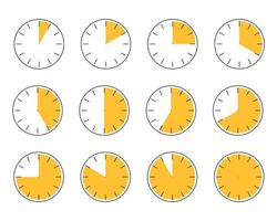 Set of clocks with different time intervals. Watch symbols. Clock, timer illustration. vector