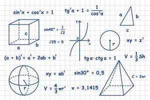 Hand drawn math, geometry, trigonometry symbols. Math symbols on notebook page background. vector