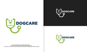 cara de perro combinada con stetoskop, diseño de logotipo de cuidado de mascotas. vector