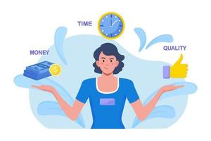 Business woman contemplating over conflicting interrelated values triangle. Time, money cost or quality question concept. Customer expectations for the service or product vector