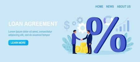 Businessman shaking hands. Bank loan, credit agreement. Discount, loyalty program, promotion. Good interest rate. Lending of organization or entity. Personal loans with interest-free periods vector