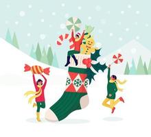 mujeres felices celebrando la fiesta de navidad. los personajes femeninos ponen regalos, dulces en un gran calcetín rojo. preparación para las vacaciones de invierno. víspera de navidad feliz navidad y año nuevo vector