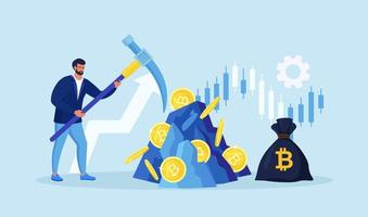 Man holding pickaxe to get crypto coins in rock, mountain. Mining crypto, Cryptocurrency mining farms. People trading and investing in cryptocurrencies. Digital web money. Blockchain vector