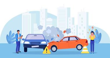 Upset drivers standing near crashed cars. Road traffic accident. Car crash on the road. Vehicle is broken in the city. Smashed auto on highway. Collision of vehicles, wreck. Automobile damaged vector