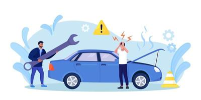 Car accident. Disappointed man in panic standing beside broken auto without insurance.Vehicle damaged, automobile crash. Breakdown of the car on the road. Spoiled transport needs repair vector