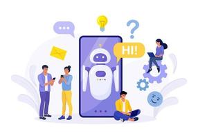 personas diminutas chateando con la aplicación chatbot en la pantalla del teléfono. asistente de robot ai, atención al cliente en línea. asistente virtual de bot de chat a través de mensajería. inteligencia artificial y concepto de preguntas frecuentes vector