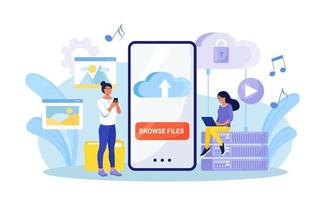 Cloud computing. People storing data on cloud server, processing data. Web hosting, online database. Download files. Mobile cloud storage app on smartphone screen. Vector design