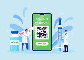 Doctors with syringe and vaccine vial. Mobile phone with immune digital health passport, which indicates a vaccination against covid-19. Immunity certificate against coronavirus vector