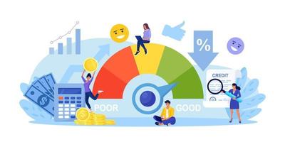 Credit score, rating. People examining client creditworthiness report with credit history. Bank analysts evaluating ability of prospective debtor to pay debt. Payment history data meter. Loan, mortage vector