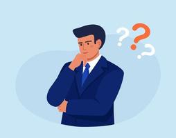 Thoughtful person. Smart man thinking or solving problem. Pensive guy surrounded by question mark. Confused man thinks, trying to find a solution. Confusing situation vector