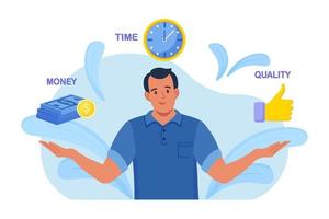 Businessman contemplating over conflicting interrelated values triangle. Time, money cost or quality question concept. Customer expectations for the service or product. Vector illustration