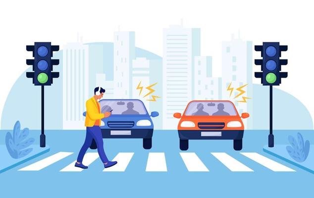 School children crossing road on crosswalk. Zebra crossing. Look right,  look left safety rule. Flat vector illustration template. Stock Vector