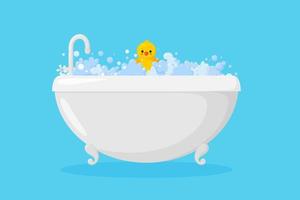 Bathtub with suds. Yellow duck in bubbles and foam isolated in blue background. Vector illustration
