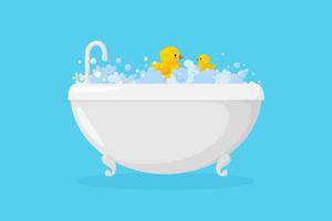 Bathtub with plastic ducks in suds. Yellow ducks in bubbles and foam isolated in blue background. Vector illustration