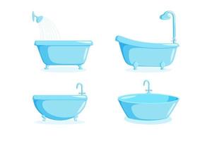 Bathtub with faucet and shower equipment. Set of different tubs isolated on white background. Vector illustration