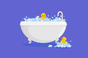 Bathtub with rubber duck in suds. Yellow duck in bubbles and foam isolated in violet background. Vector illustration