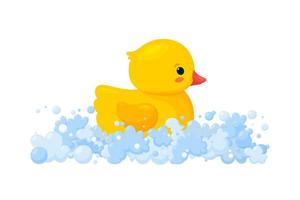 Rubber duck in soap foam with bubbles isolated in white background. Side view of yellow plastic duckling toy in suds. Vector illustration