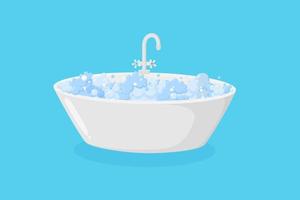 Bathtub with suds and faucet. Luxury ellipse tub with tap with soap foam isolated in blue background. Vector illustration