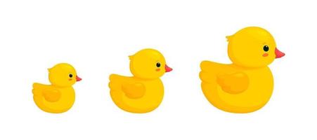 Rubber duck family with two ducklings isolated in white background. Side view of yellow plastic toys, parent and children. Vector illustration