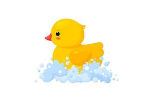 Rubber duck in soap foam isolated in white background. Side view of yellow plastic duckling toy in suds. Vector illustration
