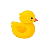 Rubber duck isolated in white background. Side view of yellow plastic duck toy. Vector illustration