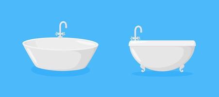 Bathtubs with faucets. Luxury ellipse tubs with tap isolated in blue background. Vector illustration