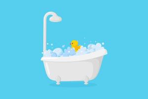 Bathtub with suds and rubber duck and shower. Tub with with bubbles and foam isolated in blue background. Vector illustration