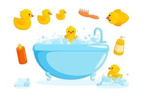 Duck and bath with combs and foam. Bathing set with tub, cosmetics, yellow rubber ducks isolated in white background. Vector illustration