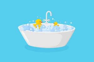 Bathtub with ducks in suds and faucet. Ellipse tub with tap with soap foam isolated in blue background. Vector illustration
