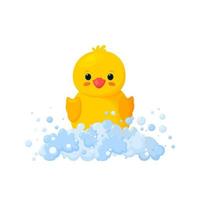 Rubber duck in soap foam with bubbles isolated in white background. Front view of yellow plastic duckling toy in suds. Vector illustration