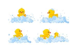 familia de patos de goma en espuma de jabón aislada en fondo blanco. juego de juguetes de pato de plástico amarillo en espuma, padres y bebés. ilustración vectorial vector