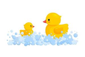 Rubber duck family in soap foam isolated in white background. Side view of yellow plastic duck toys in suds, parent and baby. Vector illustration in cartoon style